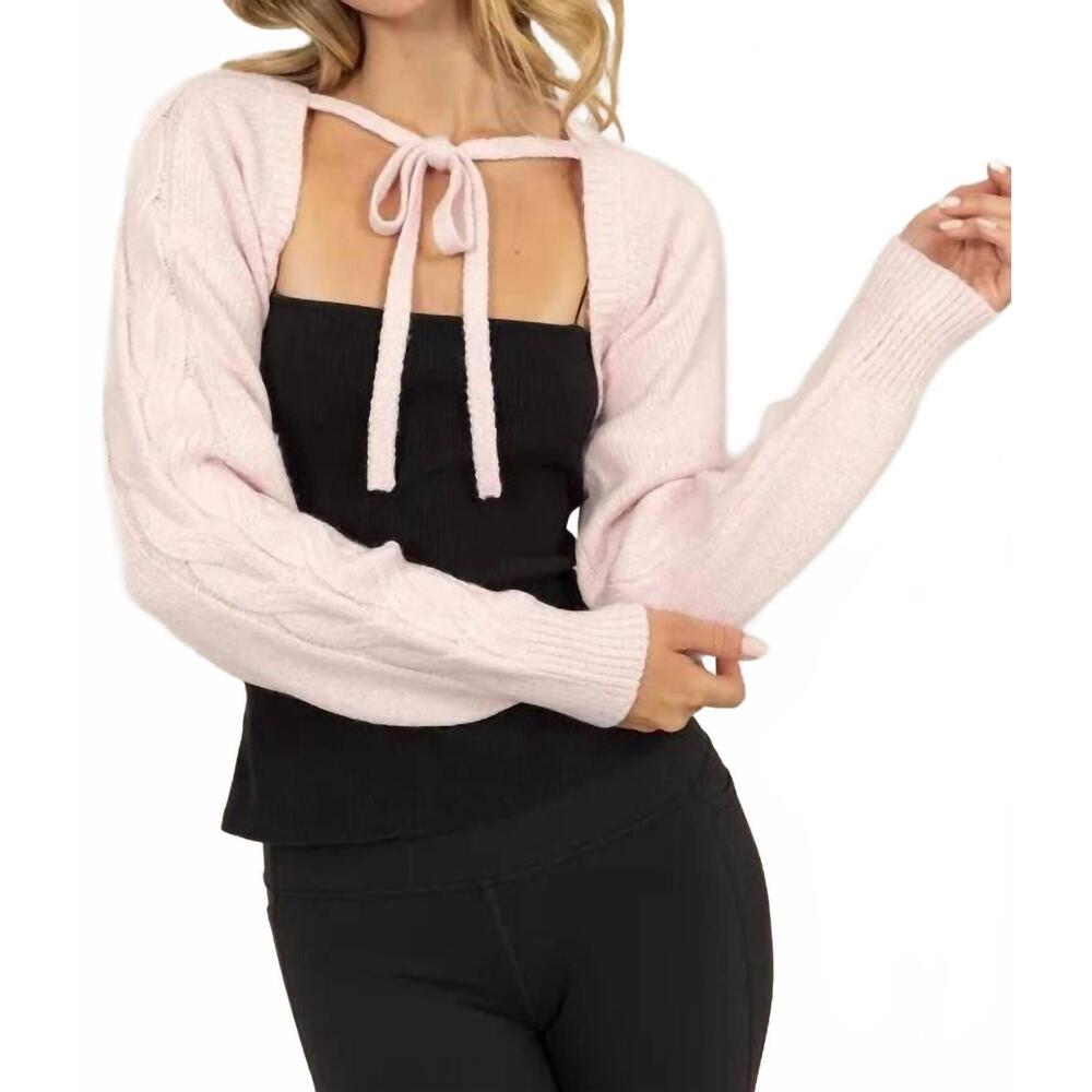 NEW HYFVE cable knit tie front shrug in pale pink